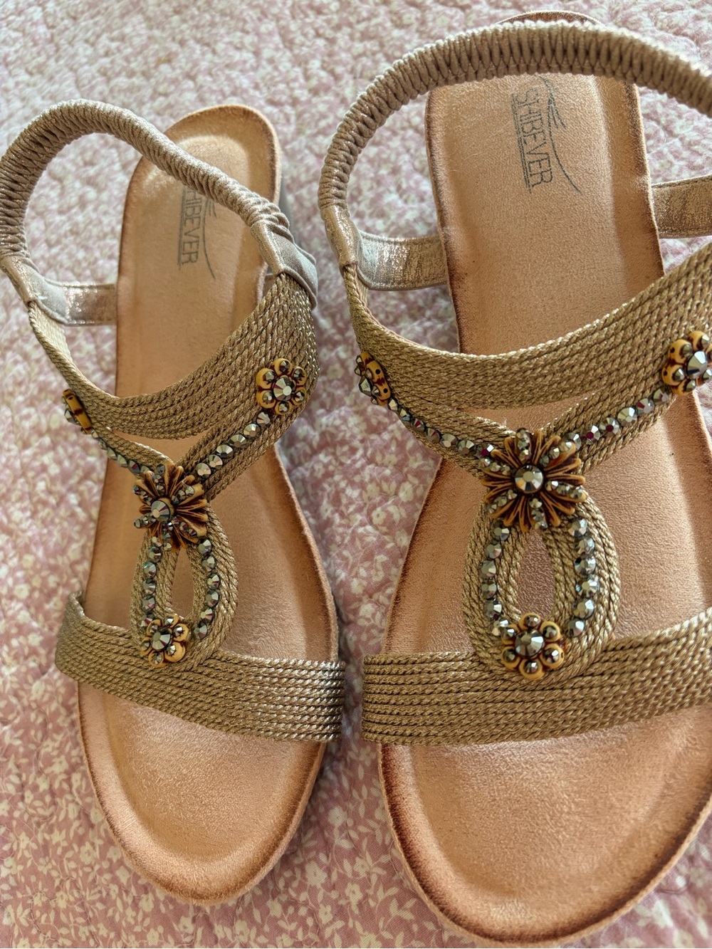 Shibever Women’s Gold Braided T-Strap Small Wedge Sandals